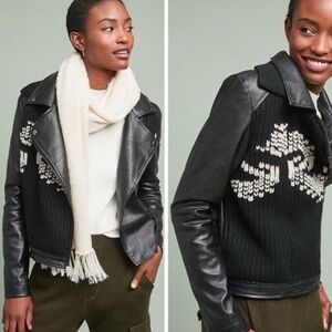 Anthropologie Black Sweater Moto Faux Leather Jacket with Cream Accents